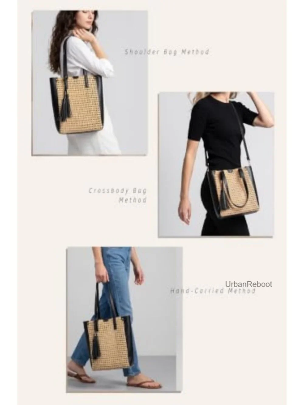 Woven Raffa Straw Tote Bag with Tassel, Vegan Leather Shoulder Handbag